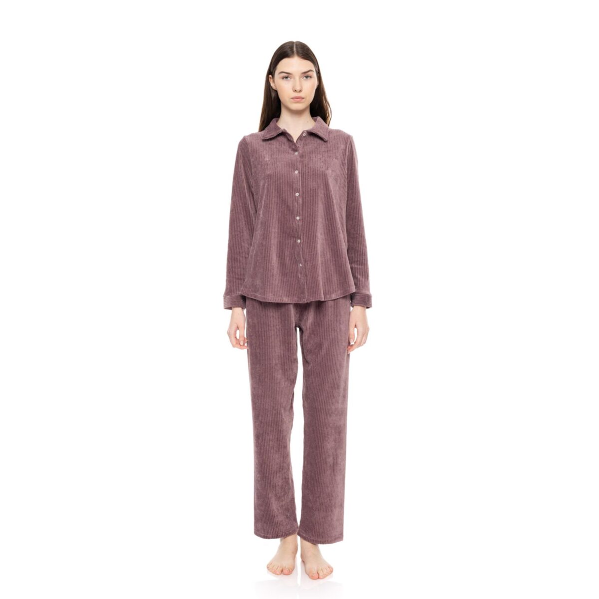 W1686 PYJAMA BUTTONED VELVET STRIPE Violete /XL